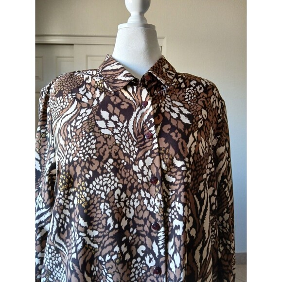BonWorth Womens XL Button Up Blouse Long Sleeve Brown Black Animal Print Classic - Picture 7 of 15